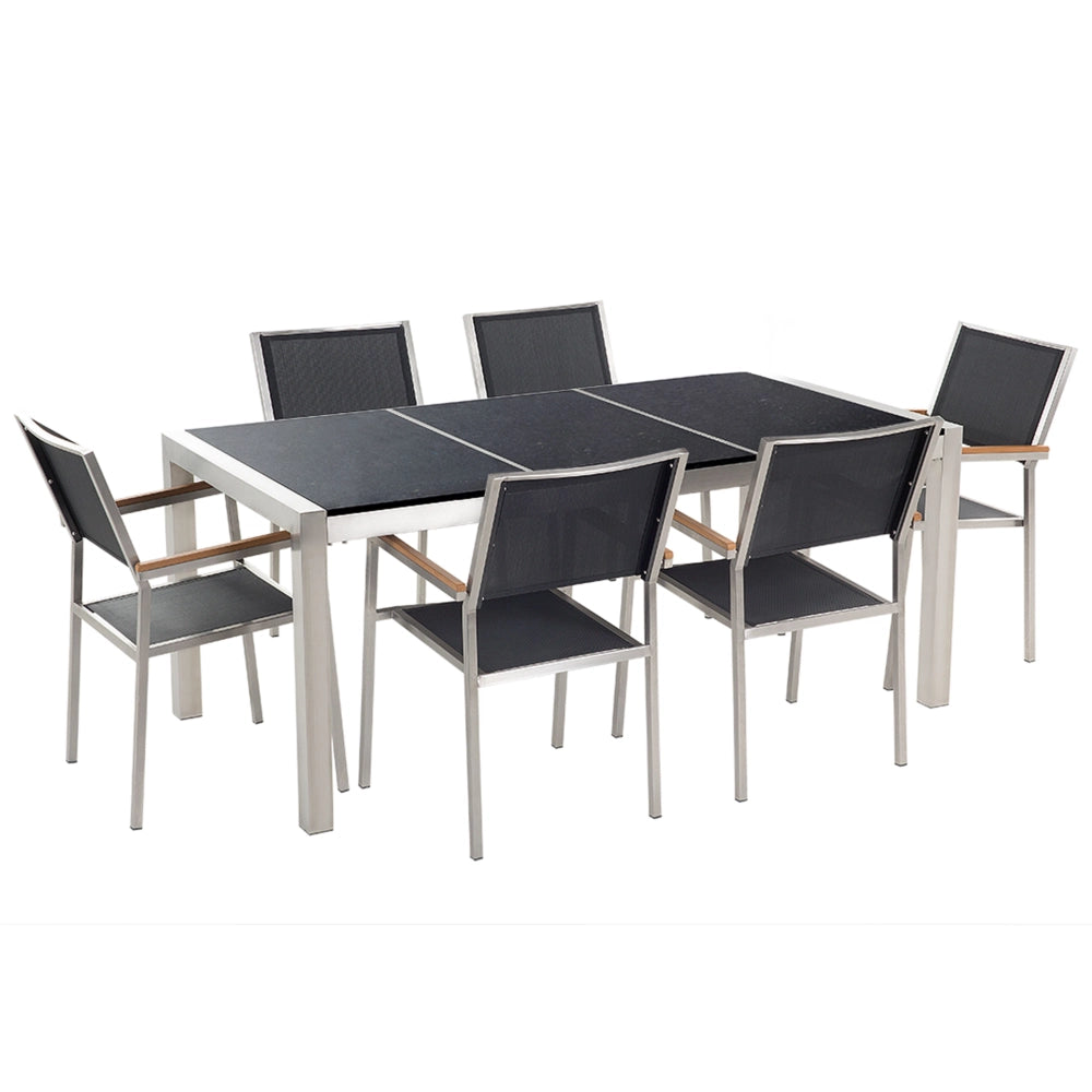 Set da pranzo da giardino Nero con piano in granito Nero 6 posti 180 x 90 cm piastra tripla