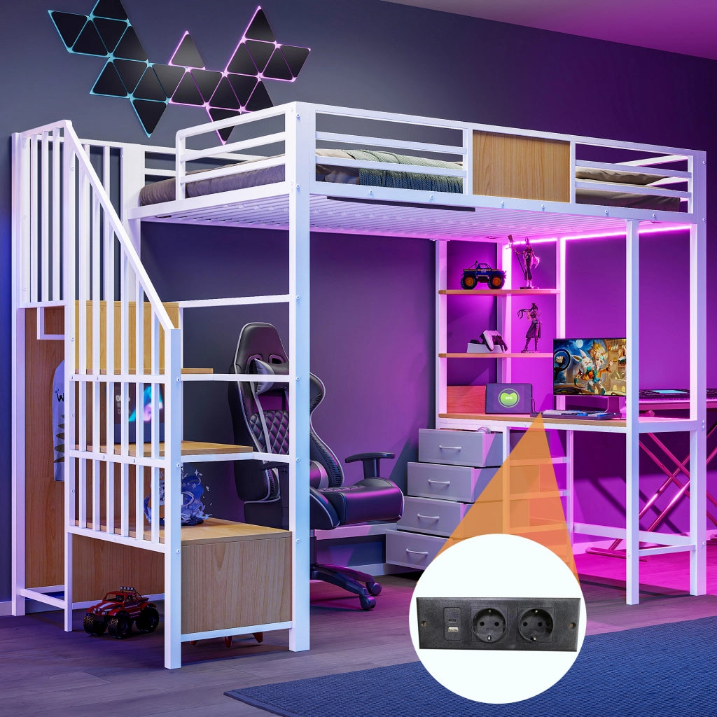 Letto a soppalco 90 × 200 cm con scrivania, ripiani, barra appendiabiti, LED, presa, senza materasso, metallo bianco