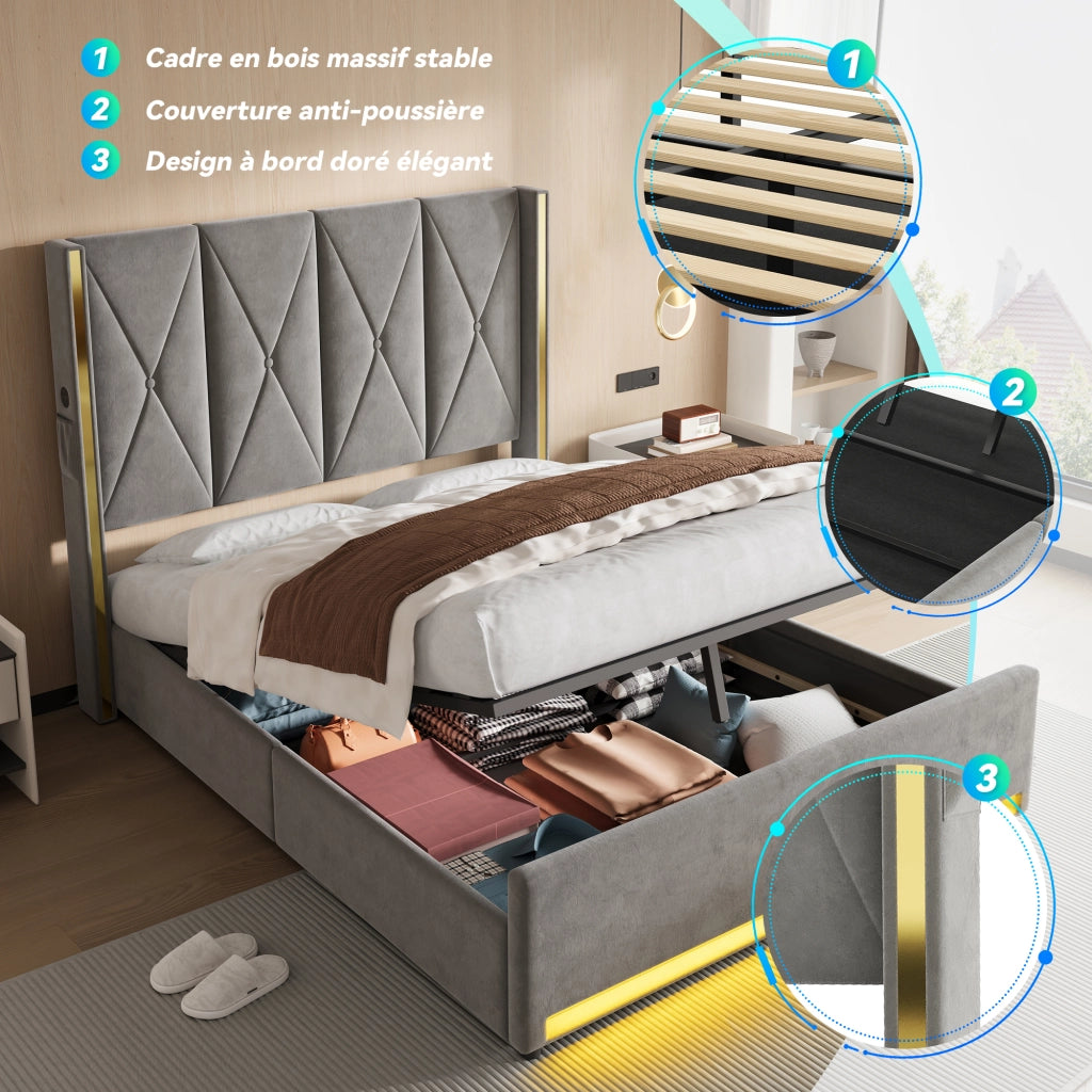 Letto Contenitore 160x200 cm; Matrimoniale; USB; Type-C; LED; Tasche; Velluto; Grigio Scuro