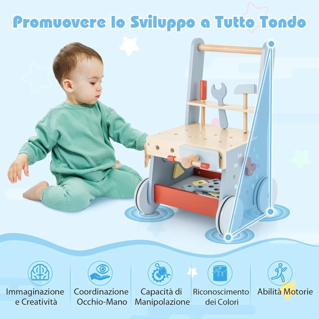 2-in-1 Girello Neonato in Legno, Camminatore con Giocattoli e Attrezzi, Primi Passi per Bambini con Montessori, Carrello Primi Passi con Ruote, con Banco da Lavoro, per Bambini 3+ Mesi