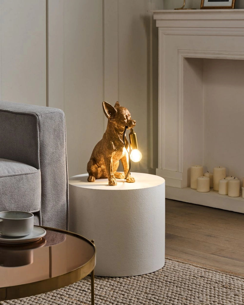 Lampada da tavolo Luce da comodino in poliresina dorata Lampada da lettura a forma di cane Lampada a tema animale Soggiorno