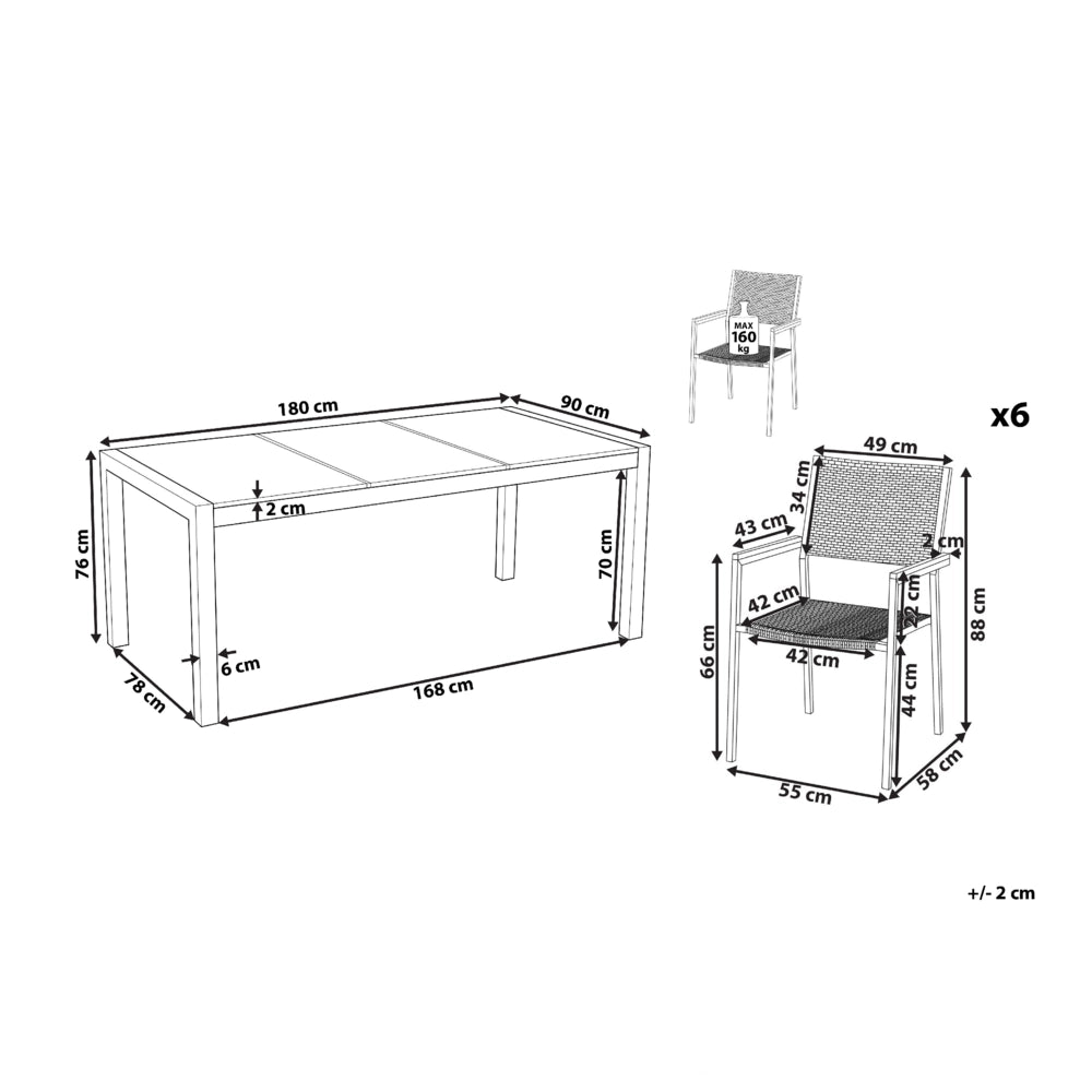 Set da giardino con 6 posti in acciaio inox con tavolo piano con effetto granito e sedie in rattan nero set esterno moderno
