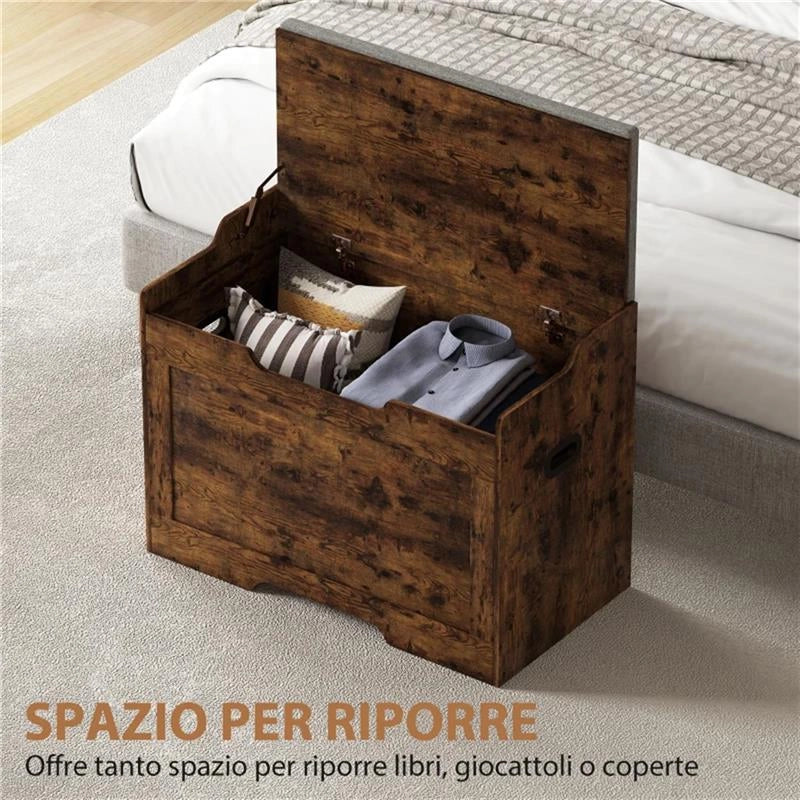 PANCA CONTENITORE DA 103L MULTIFUNZIONE COLOR LEGNO CON CUSCINO IN TESSUTO GRIGIO, 75X40X56 CM
