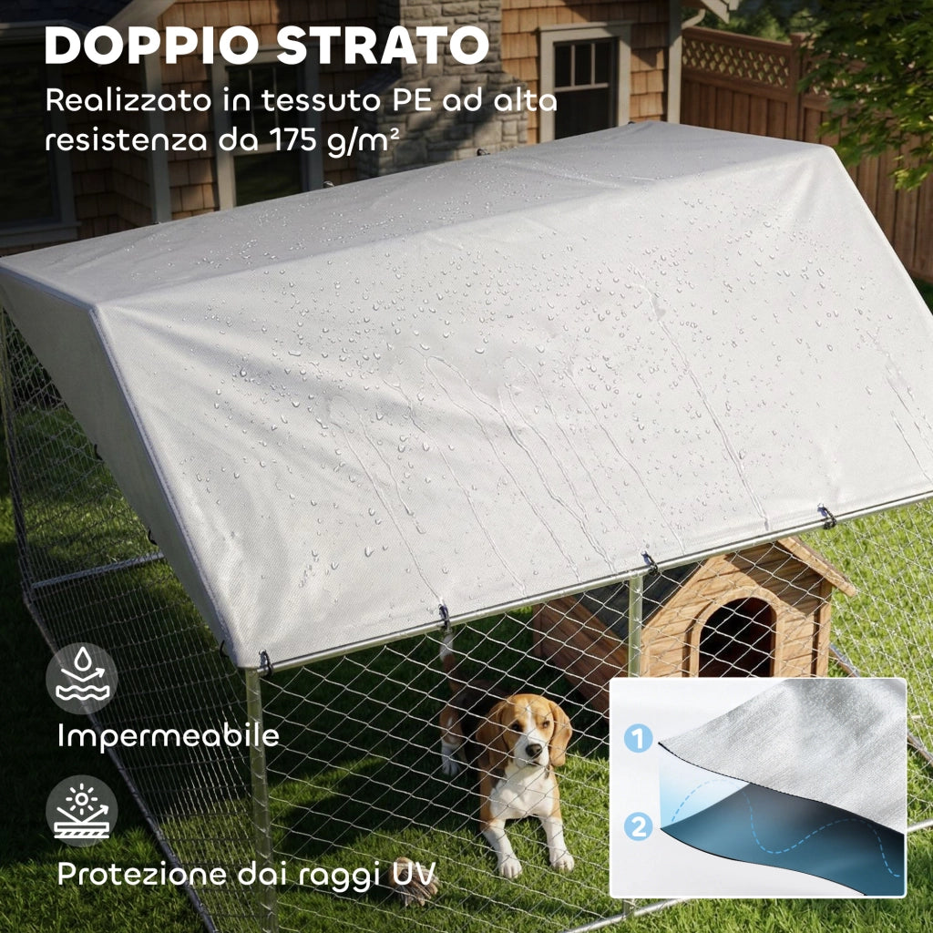 Recinto per Cani da Esterno ¨C Xylo ¨C Acciaio Zincato con Tetto PE Impermeabile Anti-UV Argento