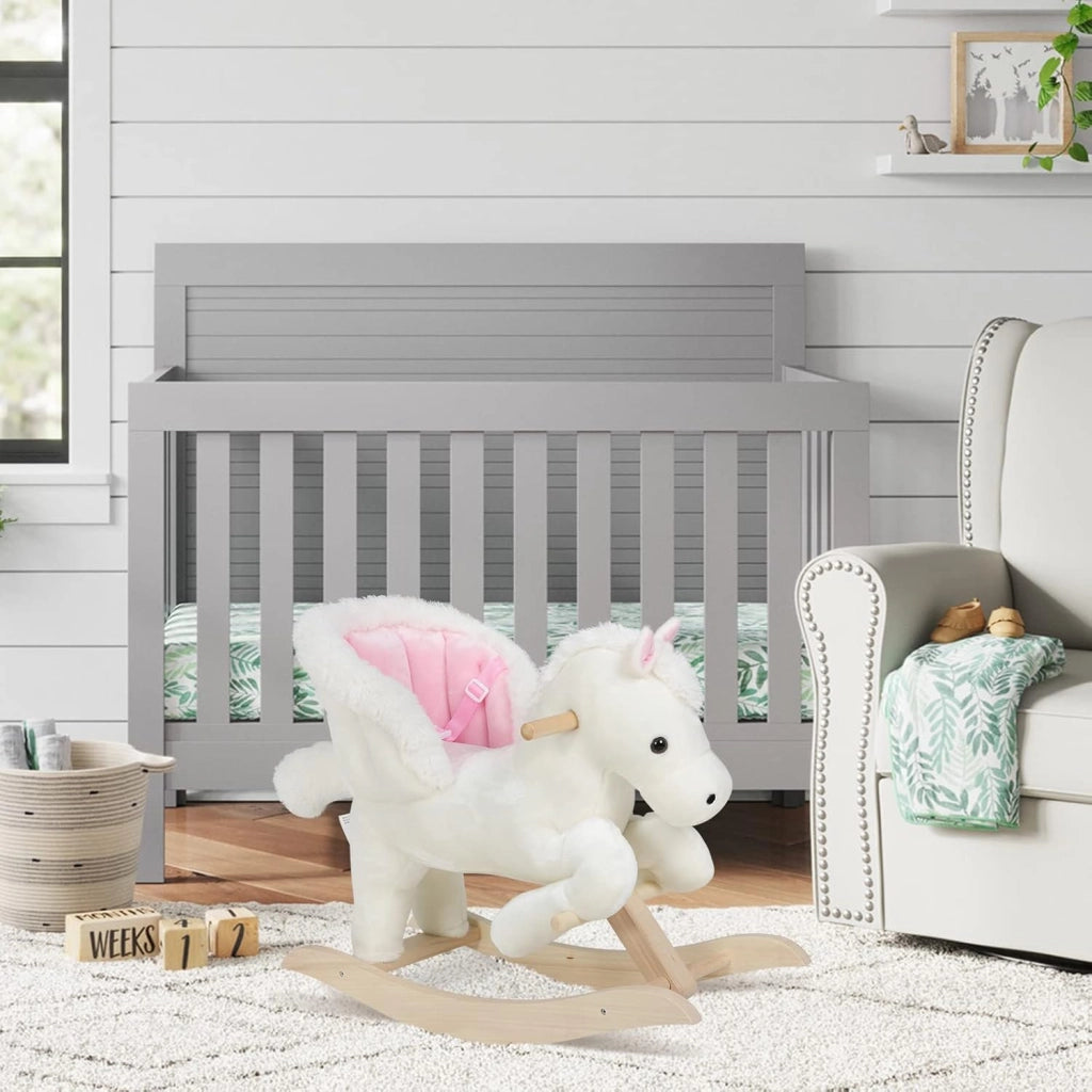 Cavallo a Dondolo in Legno Cavalluccio per Bambini Peluche Giocattolo Cavalcabile con Suoni e Cintura di Sicurezza Regalo Bimbi 1/2/3 Anni, Bianco e Rosa