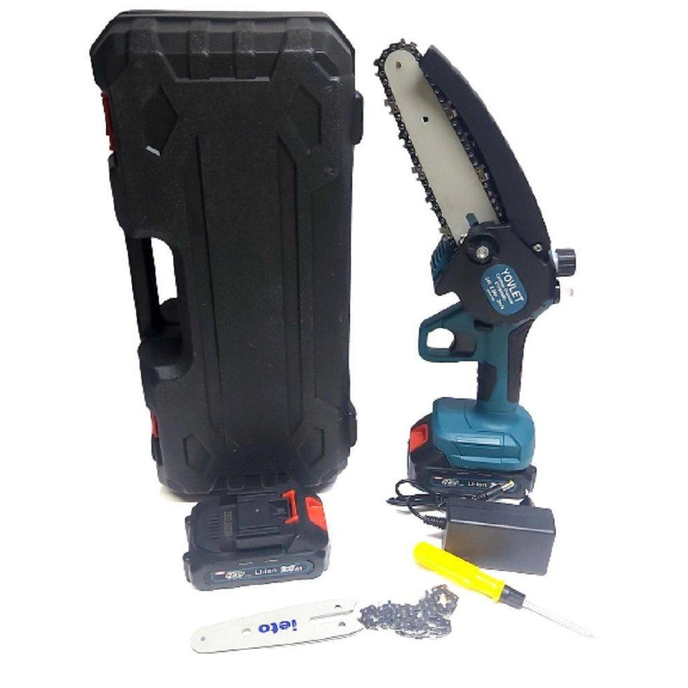 Trade Shop - Motosega 24v 2 Lame 4-6" Serbatoio Olio Tagliarami Elettrosega 2 Batterie Elettrica -
