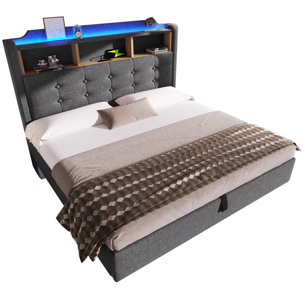 Letto imbottito 140x200 cm con LED, vano contenitore idraulico e prese USB