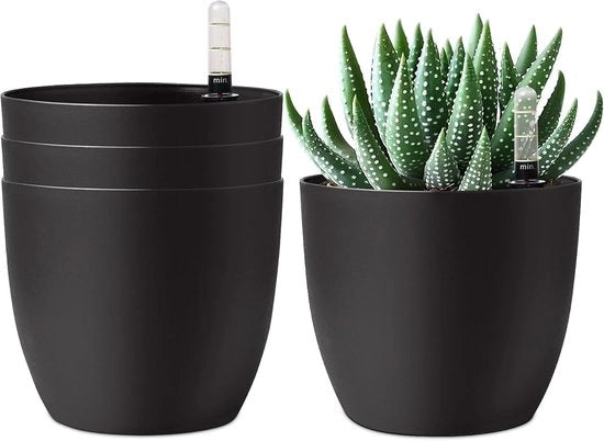 Piantina Autoirrigante - Vaso per piante con indicatore di umidità - Set da 4 - Nero - 15 cm