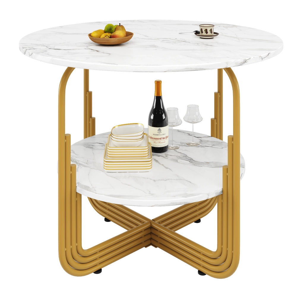 Tavolo da pranzo rotondo 80x80x76 cm in MDF effetto marmo; oro con piedini regolabili