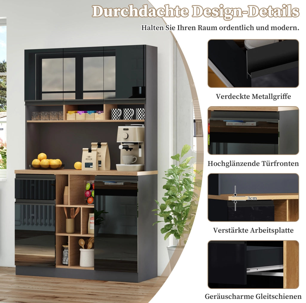 Credenza alta da cucina con 3 aree; piano 105x45 cm; MDF; nero antracite e nero lucido