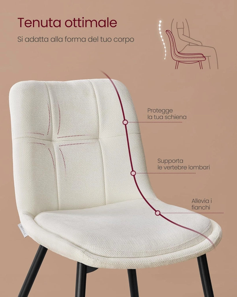 VASAGLE Set di 2 Sedie da Pranzo, Sedia da Cucina, Sedia Imbottita, Tessuto Chenille, Portata 120 kg, Doppio Cuscino, Gambe in Metallo, Moderno, per Sala da Pranzo, Cucina, Bianco Crema KDC151W01
