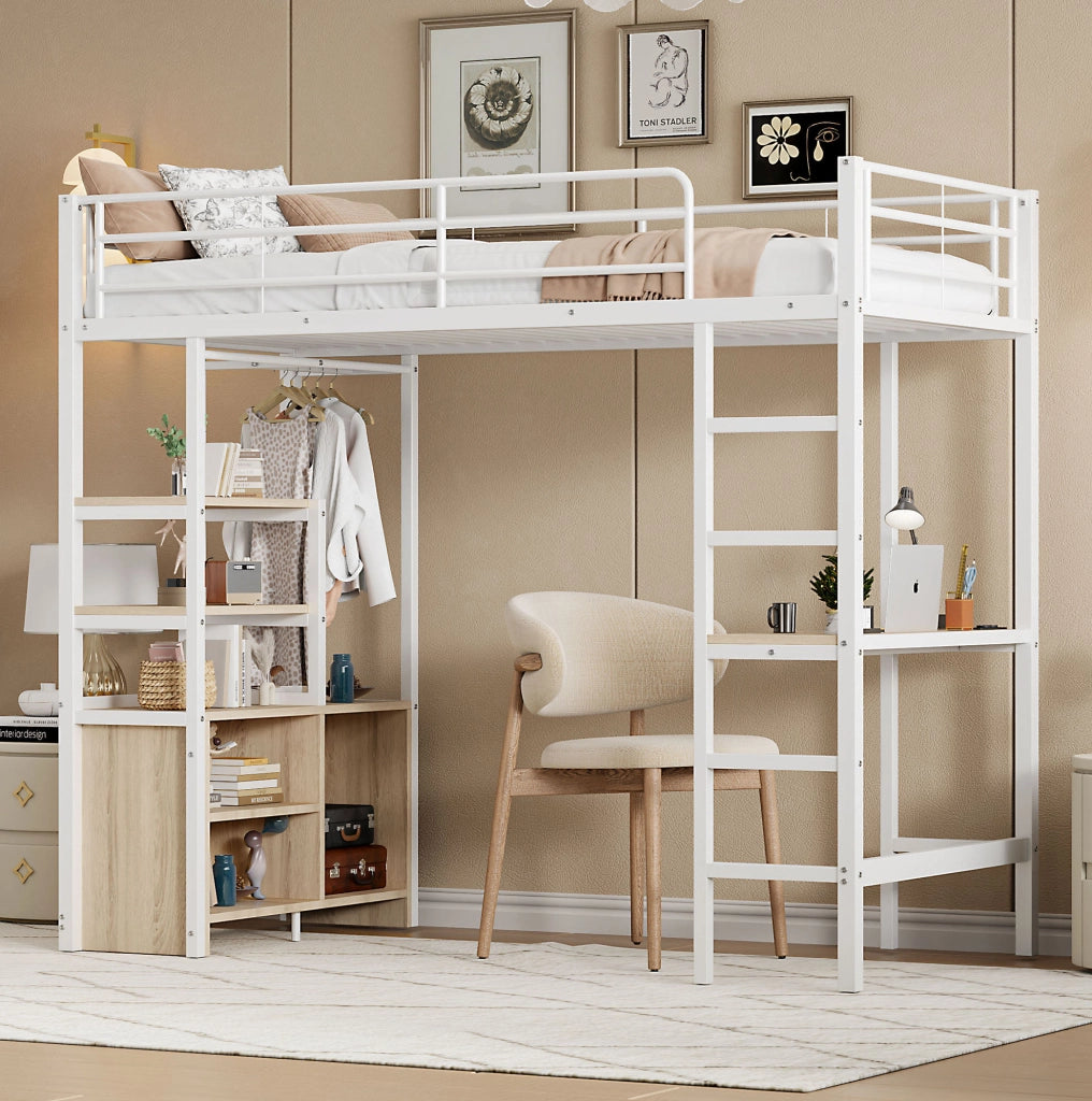 Letto a soppalco 90x200 cm con scrivania, prese USB e ripiani