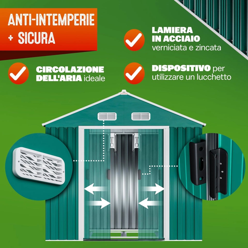 Deuba Capanno da Giardino XL 1,8m² con Fondamenta 196x132x188cm Porta Scorrevole Casetta 3,1m³ Verde