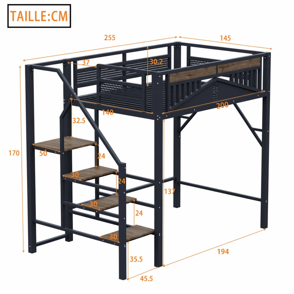 DESMIU Letto a soppalco 2 posti con scala sicura, vano portaoggetti e sponda a finestra 140 × 200 cm senza materasso