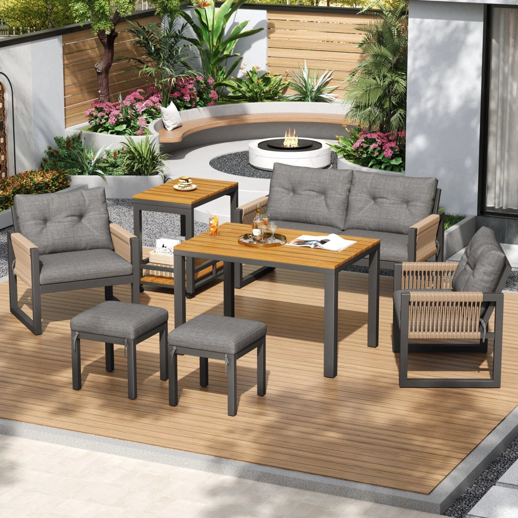 Set Divanooi esterni lounge: struttura ferro; braccioli intrecciati; cuscini seduta inclusi + tavolo