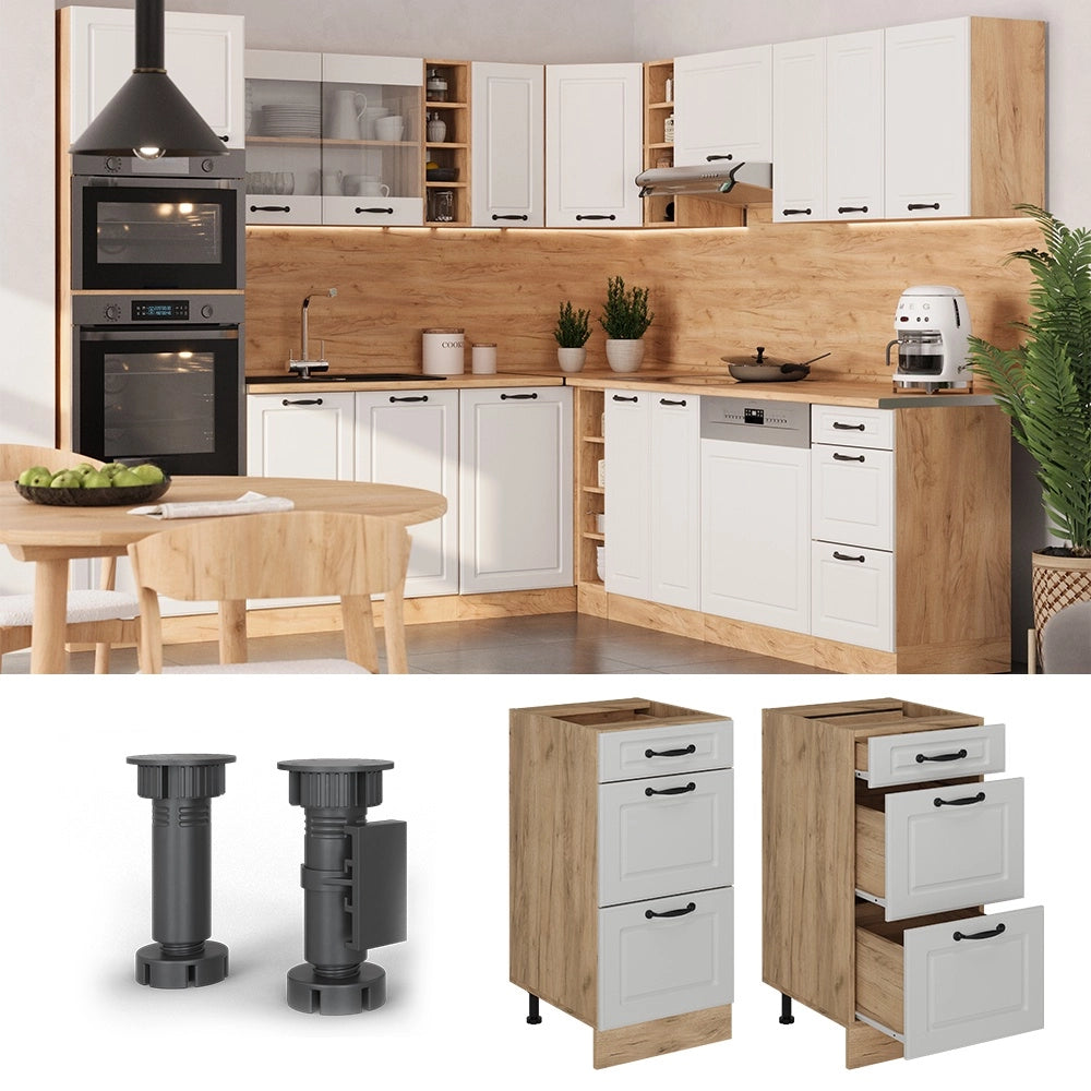 Mobiletto base per cucina R-Line Bianco rustico/Rovere dorato 40 cm con cassetti, senza piano di lavoro Vicco
