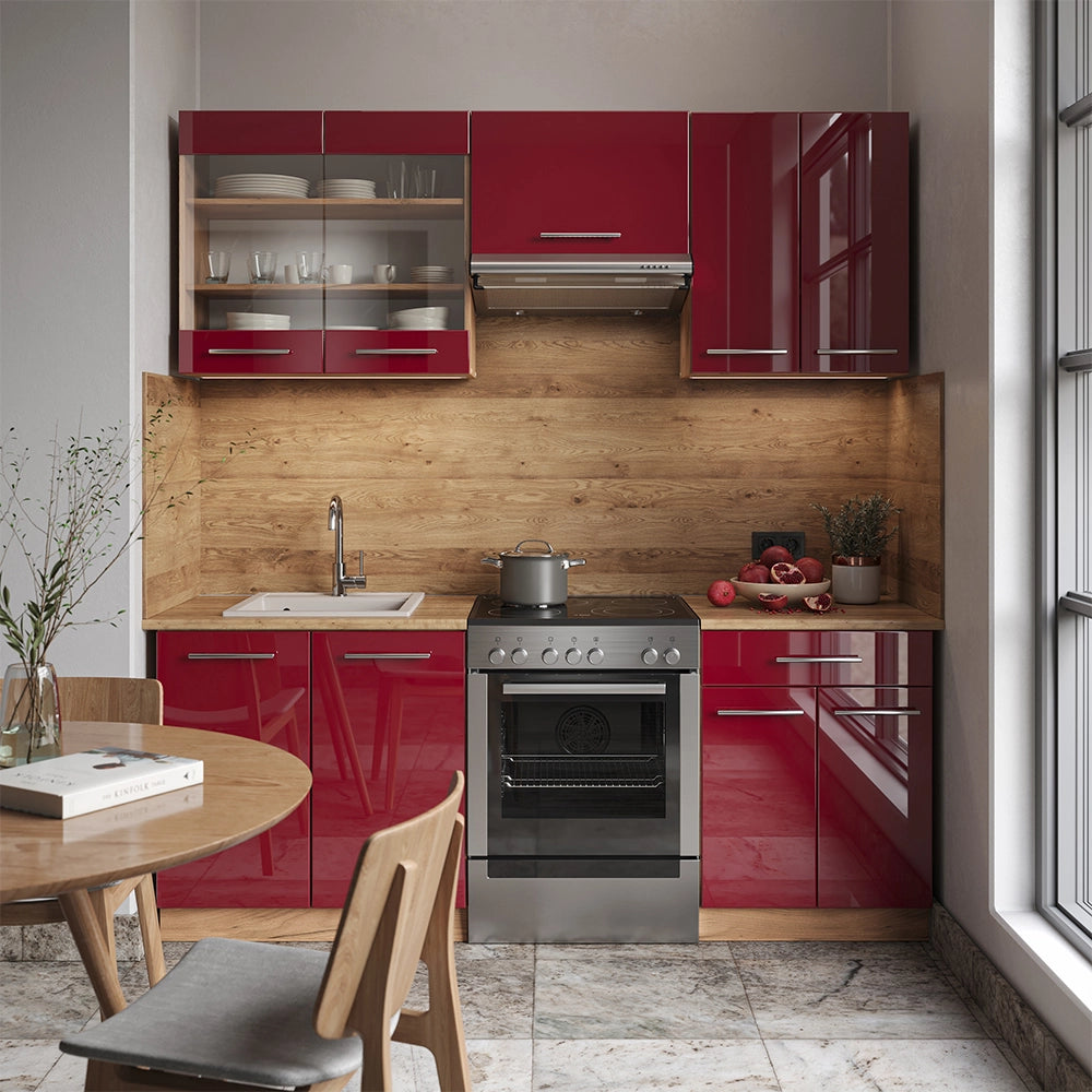 Vicco Cucina componibile Bordeaux lucido/rovere dorato 200 cm , PL Marmo
