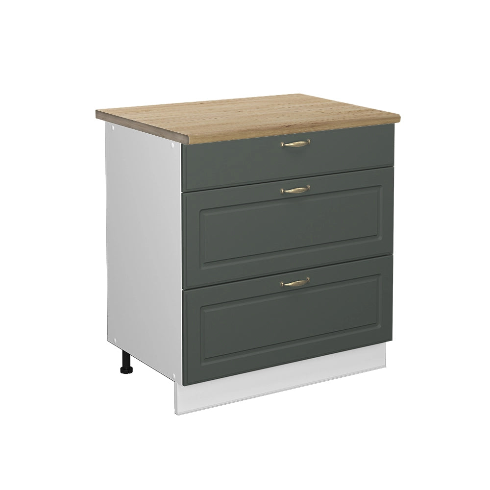 Mobiletto base per cucina Fame-Line Verde-oro rustico/Bianco 80 cm con 3 cassetti, PL Rovere Vicco