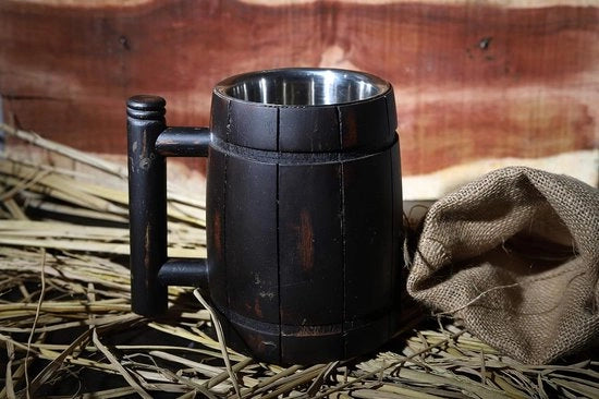 Birra artigianale in legno con contenitore in acciaio inossidabile da 18 oz | Idee di regalo di birra in legno per uomini | Accessori da bar vintage - Prodotto in stile retro in tono moka.