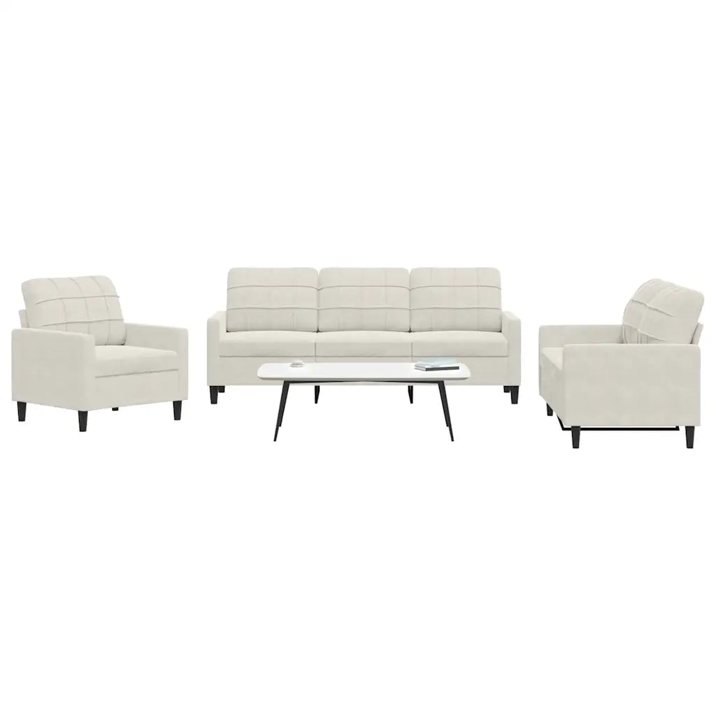 Set di Divani 3 pz con Cuscini Crema in Velluto