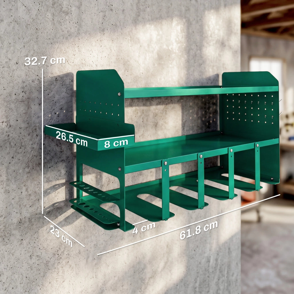 Porta Attrezzi da Parete 61,8x23x32,7 cm con Supporto per 5 Trapani Elettrici e Vassoio Laterale in Metallo Verde
