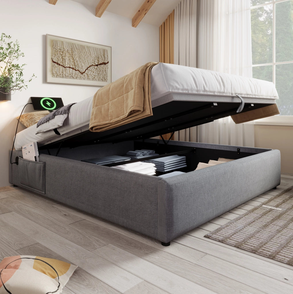 Letto contenitore 160x200 cm grigio con USB/Type-C e base in legno massello