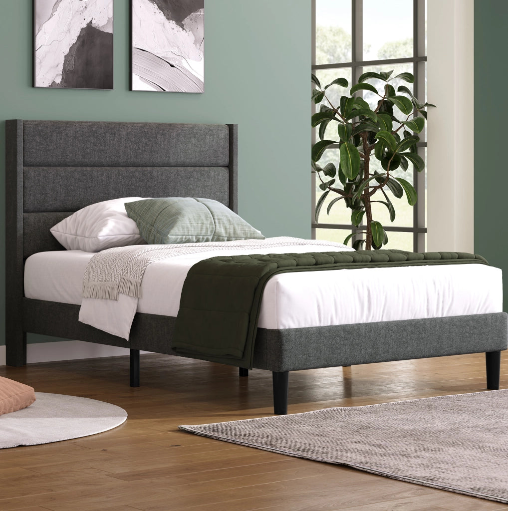 Letto imbottito 90x200 cm grigio con testiera e rete a doghe