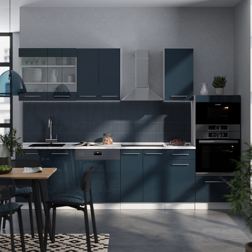 Cucina componibile Fame-Line Blu scuro lucido/Bianco 300 cm con armadio alto, PL Rovere Vicco