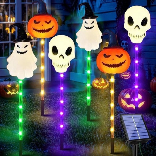 Decorazione di Halloween per giardino - 6 pezzi di pompon di luce solare LED fantasmi teschi lampade solari - lampade solari idrofobe - decorazione di casa per lapide recinzione del prato