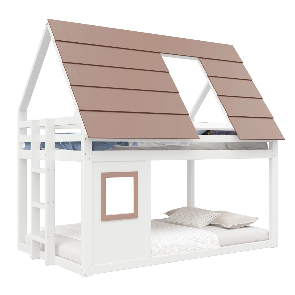 Letto a castello 140 × 200 cm con tetto e scala, sponde di sicurezza, senza materasso, in legno, marrone e bianco