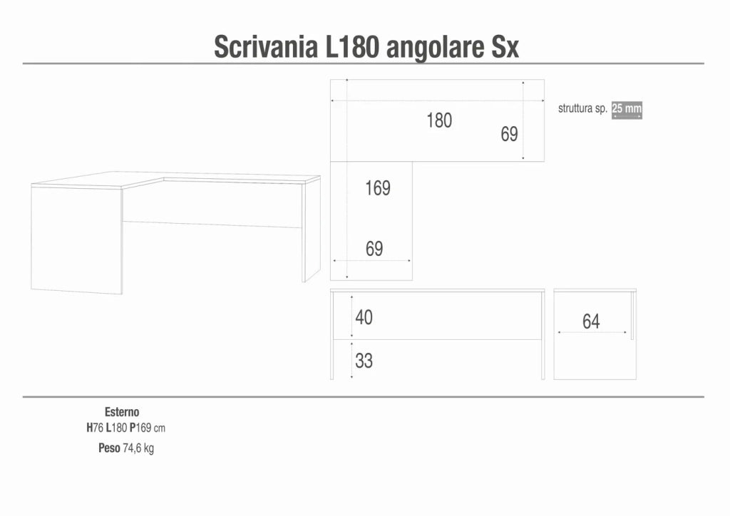 Scrivania Angolare Sx 180x169 h76cm Cemento