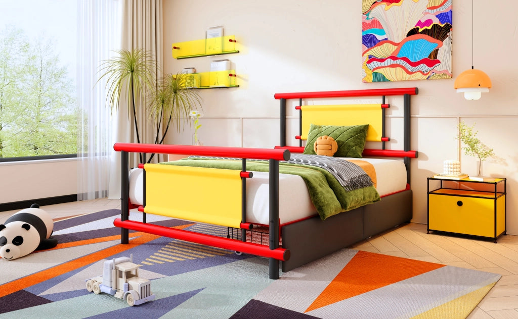 DESMIU Letto per bambini 90 × 200 cm con 2 cassetti, senza materasso, in metallo, rosso, per camera bambini