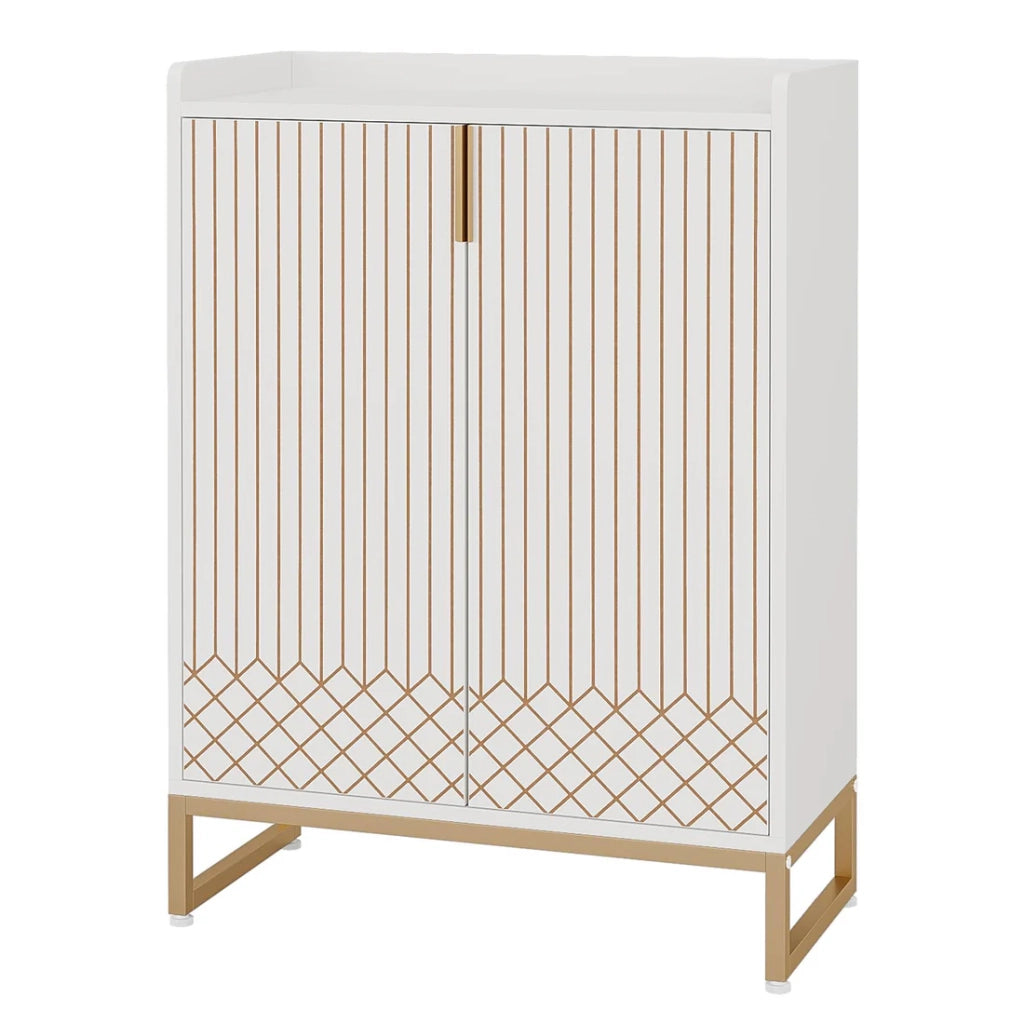 Scarpiera a 5 ripiani con 2 ante, struttura in metallo e legno, colore bianco e oro, 100x41,5x21 cm