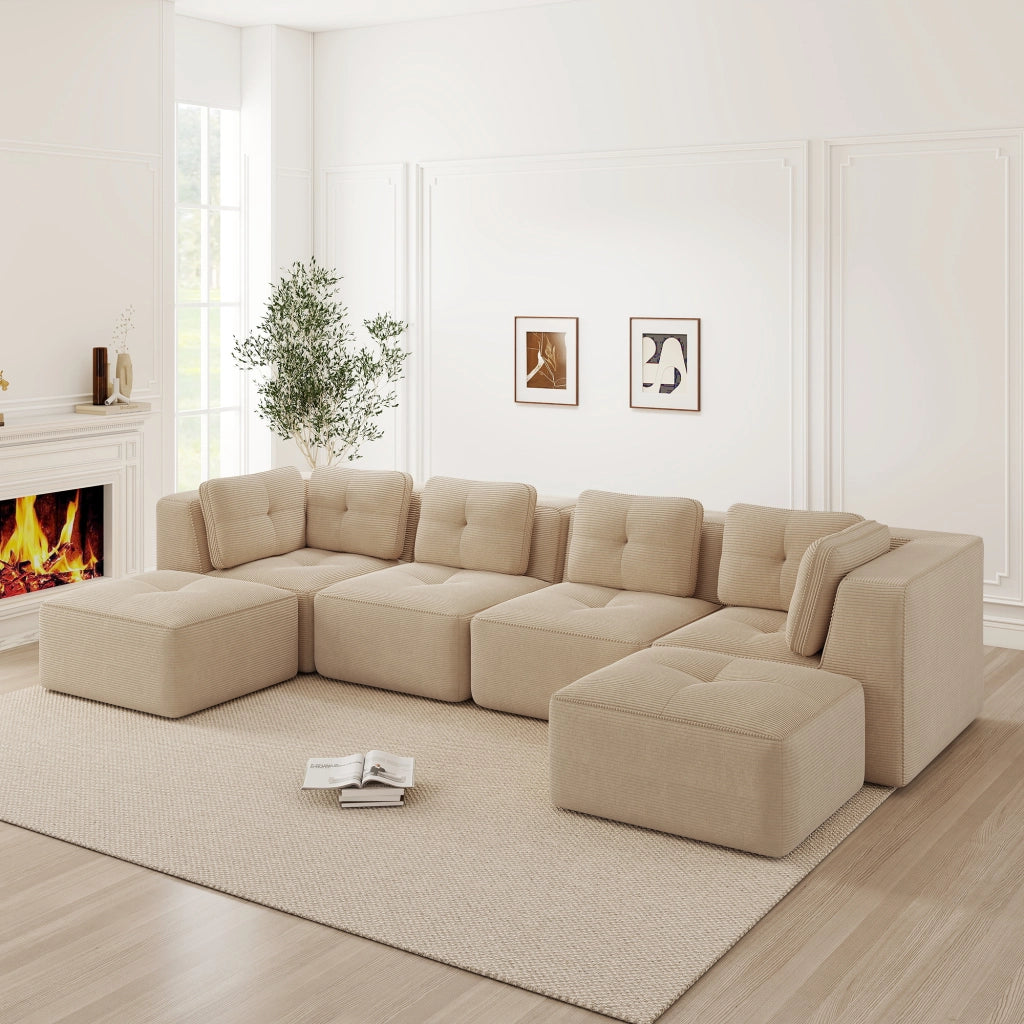 Divano angolare modulare senza montaggio con seduta profonda e piedini antiscivolo in velluto beige