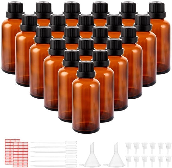 Set di flaconi in vetro marrone da 50 ml - Quantità 24 - Flaconi da farmacia - Incluso accessorio per gocciolamento - Materiale di alta qualità