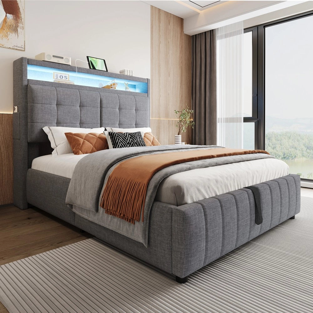 Letto Contenitore Imbottito 140x200 con LED ¨C MINIMAL ¨C Grigio, Tessuto Lino, Rete a Doghe, USB, Idraulico