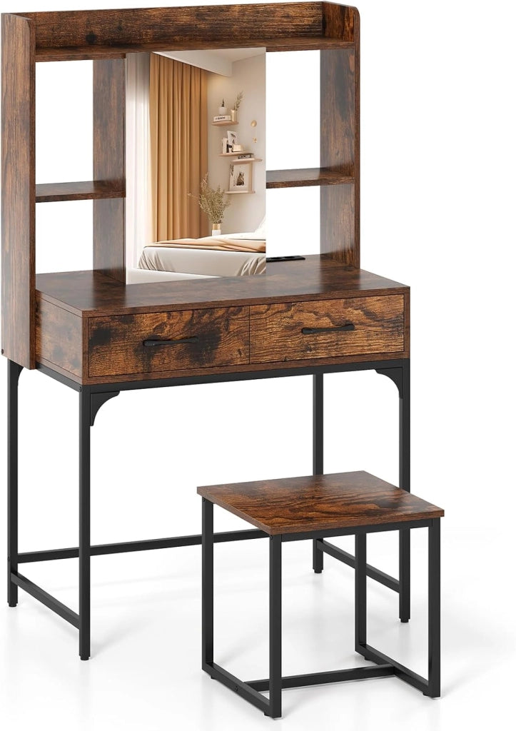 Specchio Rettangolare da Trucco, Tavolo da Trucco con Sgabello, Cassetti, Scaffali Aperti, Scomparto Nascosto, Stazione di Ricarica, Tavolo da Trucco Moderno per Camera da Letto (Bianco)