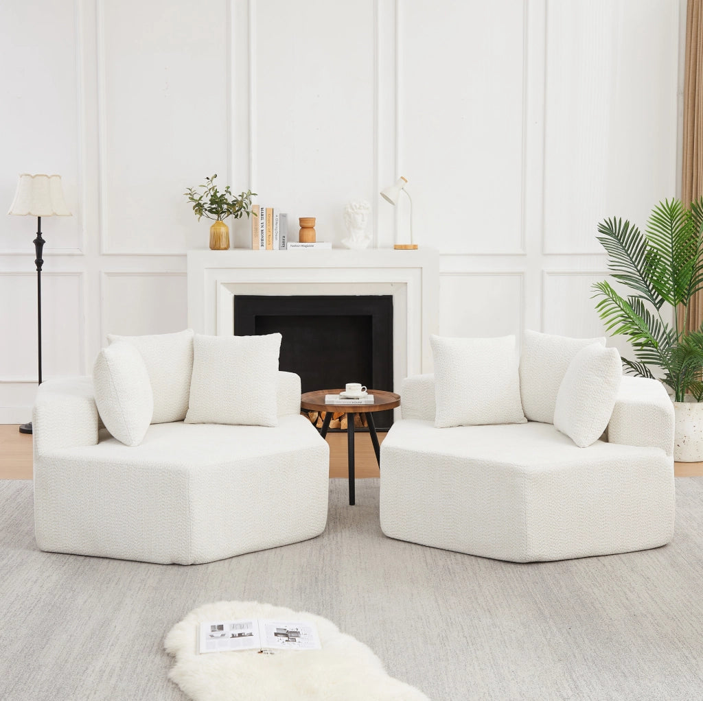 Poltrona lounge modulare esagonale in ciniglia beige con 3 cuscini