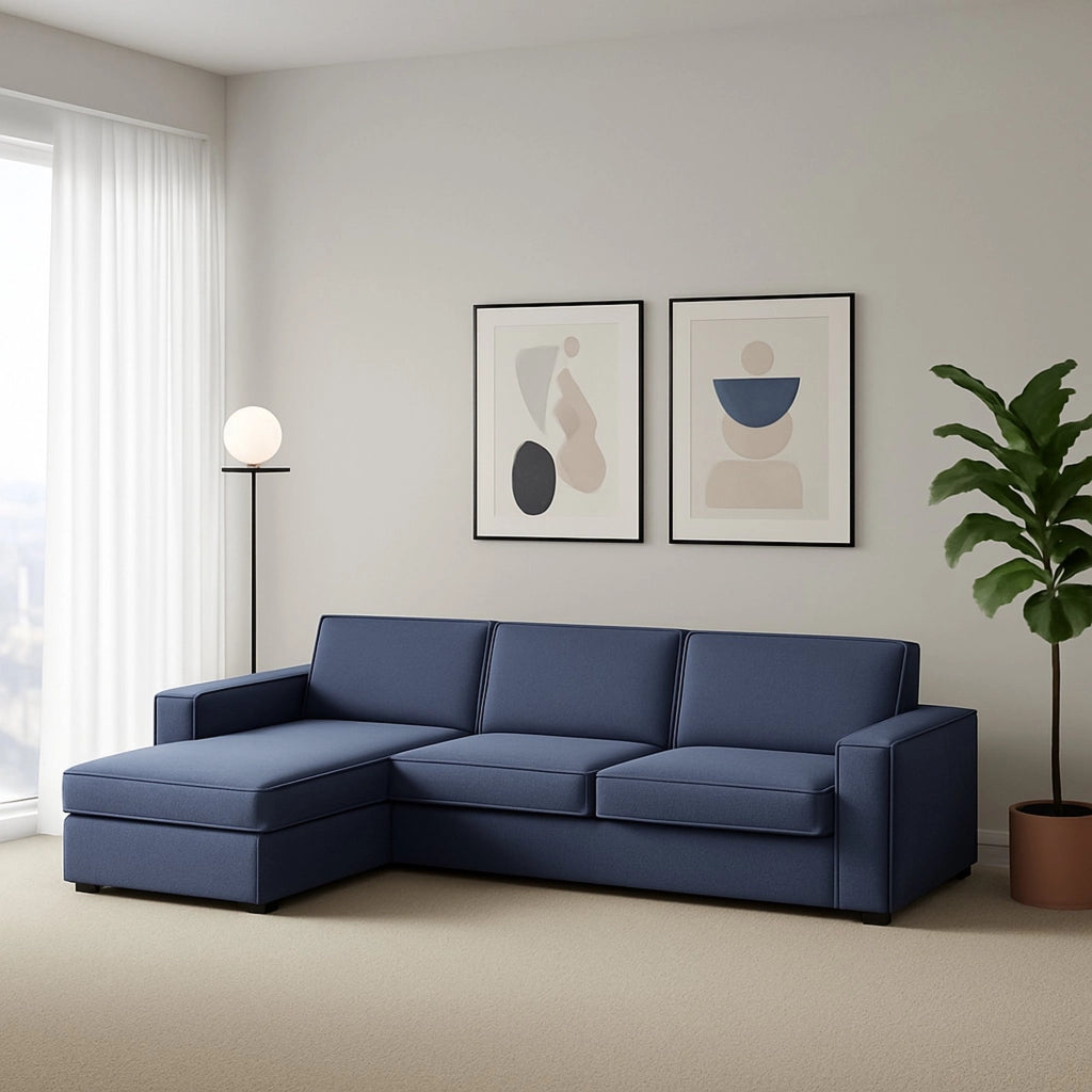Divano fisso Anila, Divano ad angolo, Made in Italy, SofÒ  Soggiorno con, penisola contenitore Sinistra, con Braccioli standard, cm 280x95h90, Blu