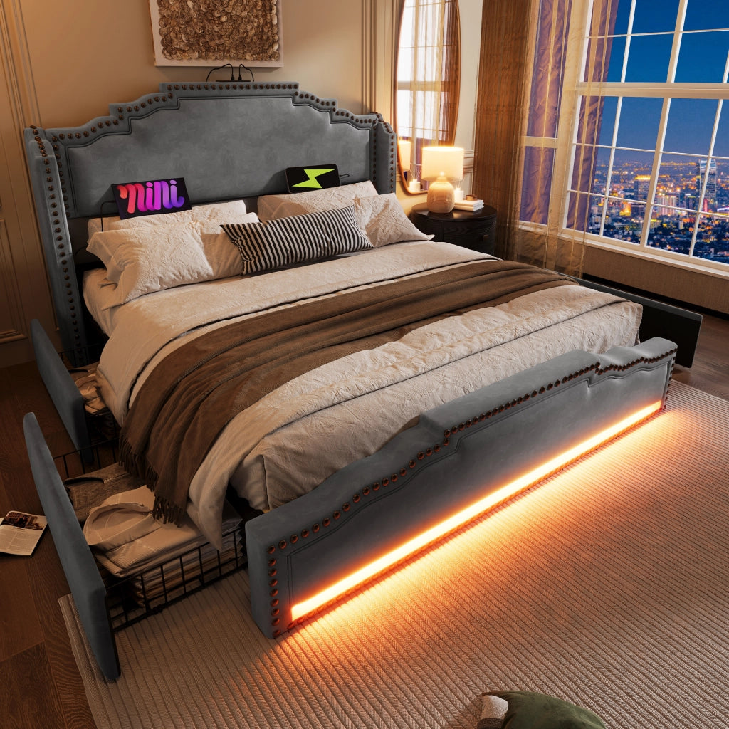 Letto matrimoniale in velluto grigio 180x200 4 cassetti LED USB-C doghe