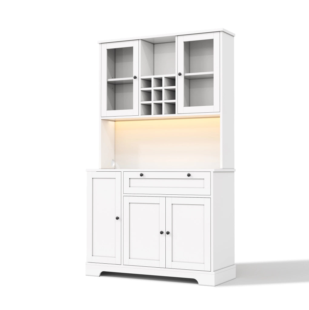 Credenza alta con LED RGB, prese USB e AC, ripiani regolabili e vetrine in vetro temperato, 180 cm