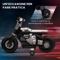 Moto Elettrica per Bambini 3-5 Anni in PP e Metallo con Rotelle, Clacson e Musica, 86x44x58 cm, Bianca e Nera