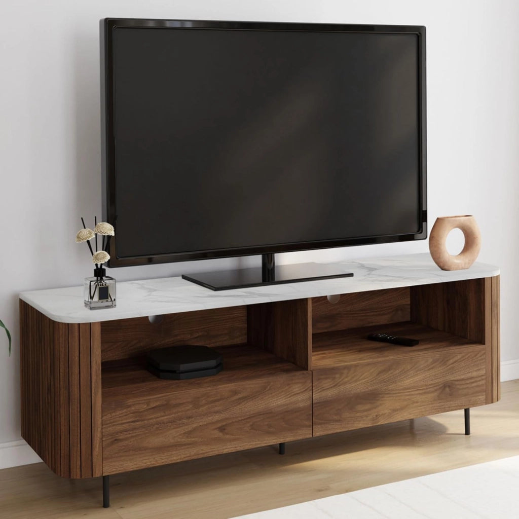 140 cm MARLA mobile TV effetto doghe in noce con 2 cassetti e piano in marmo bianco ALASKA