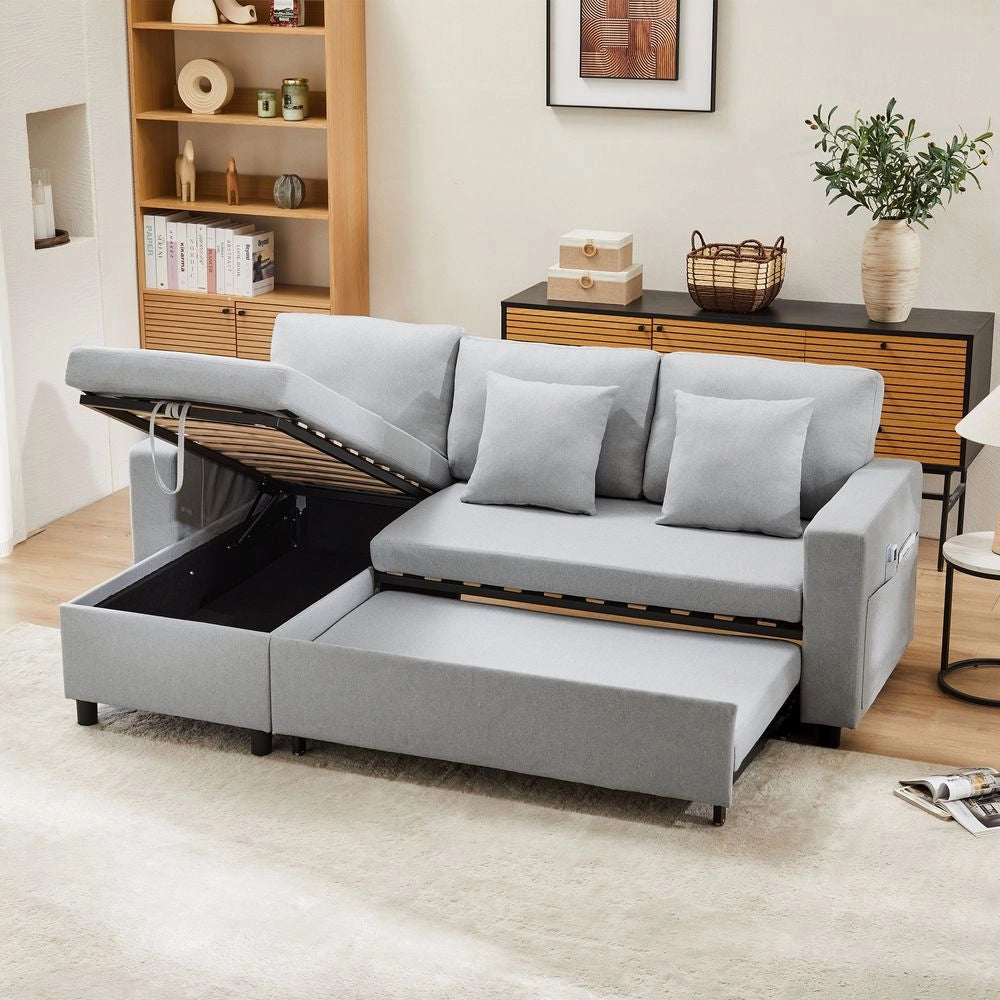 Divano letto angolare - Xylo - Forma L, chaise longue reversibile, grigio chiaro