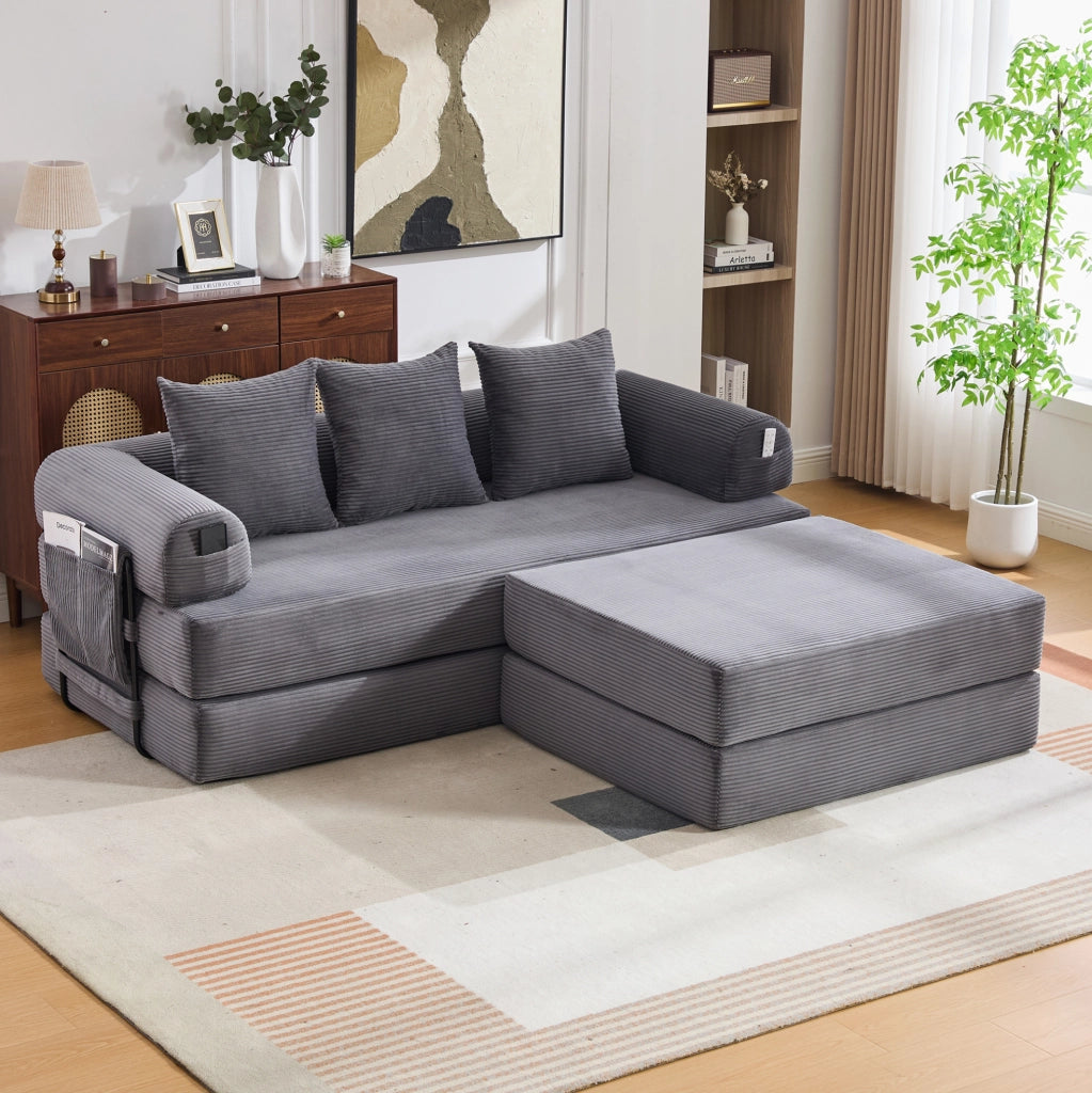 Divano modulare ULEVR con pouf 200x190x67 cm, 3 cuscini e tasca laterale, velluto a coste grigio scuro