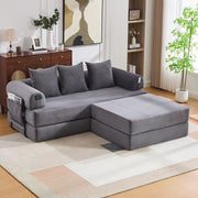Divano modulare ULEVR con pouf 200x190x67 cm, 3 cuscini e tasca laterale, velluto a coste grigio scuro