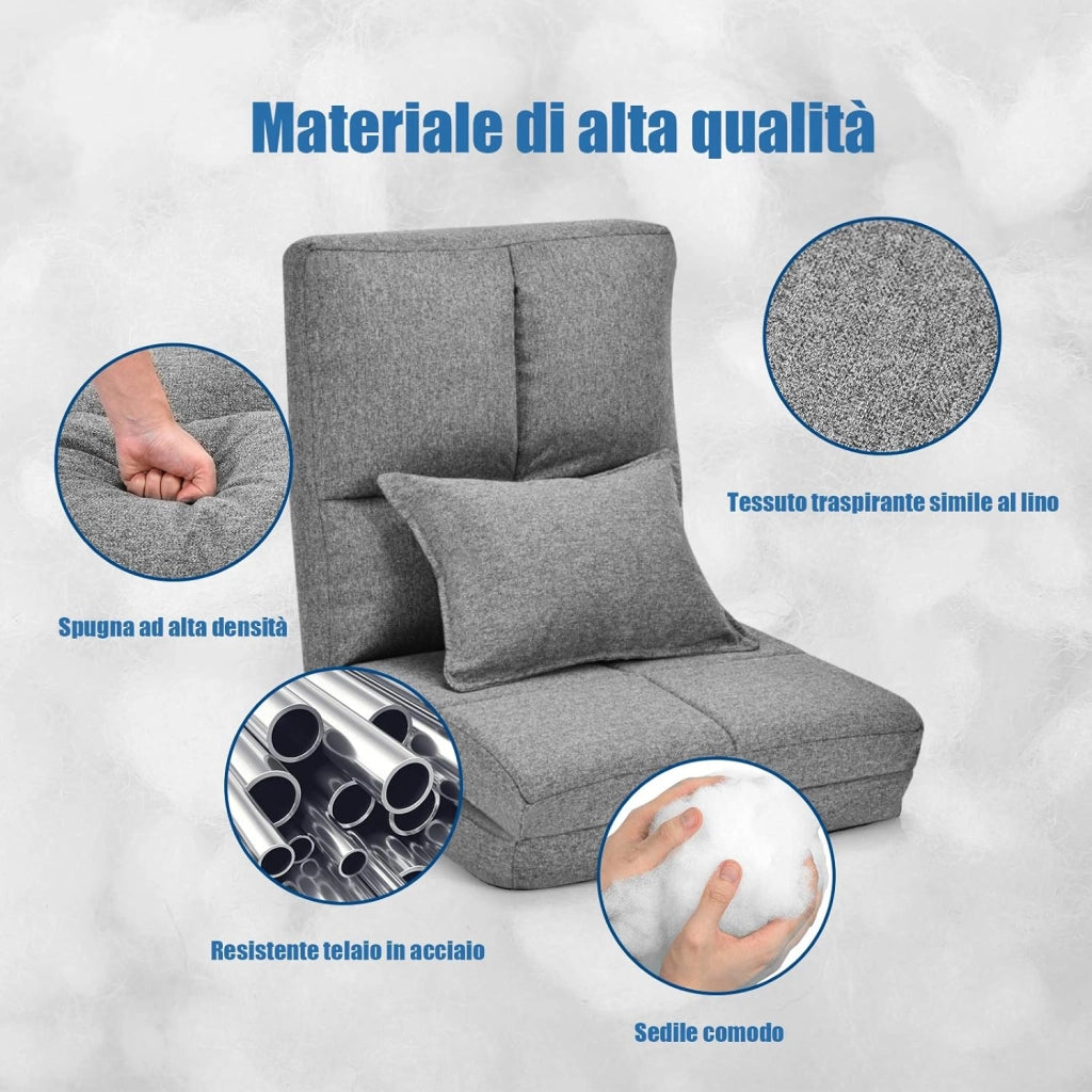 Sedia Pieghevole da Pavimento Portatile, 5 Angoli Regolabile, Cuscino da Seduta con Cuscino per la Schiena, Ideale per Soggiorno Camera da Letto (Grigio)