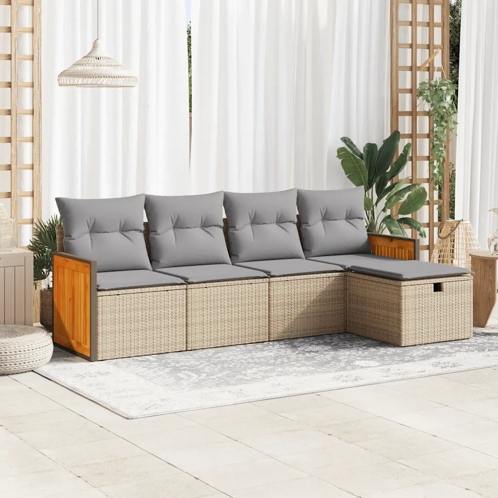 Set Divano da Giardino 5 pz | Set Salotto da Giardino con Cuscini Beige in Polyrattan