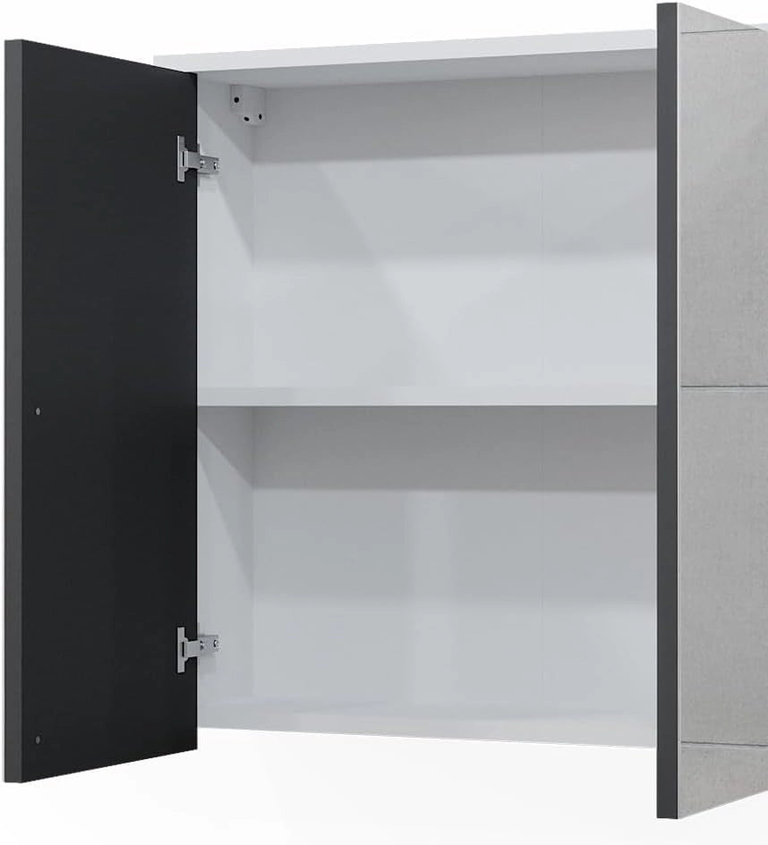 Specchio contenitore bagno Maltin, Bianco/antracite, 60 x 58 cm con due porte a specchio, con ritaglio per sifone e soluzione salvaspazio per il bagno