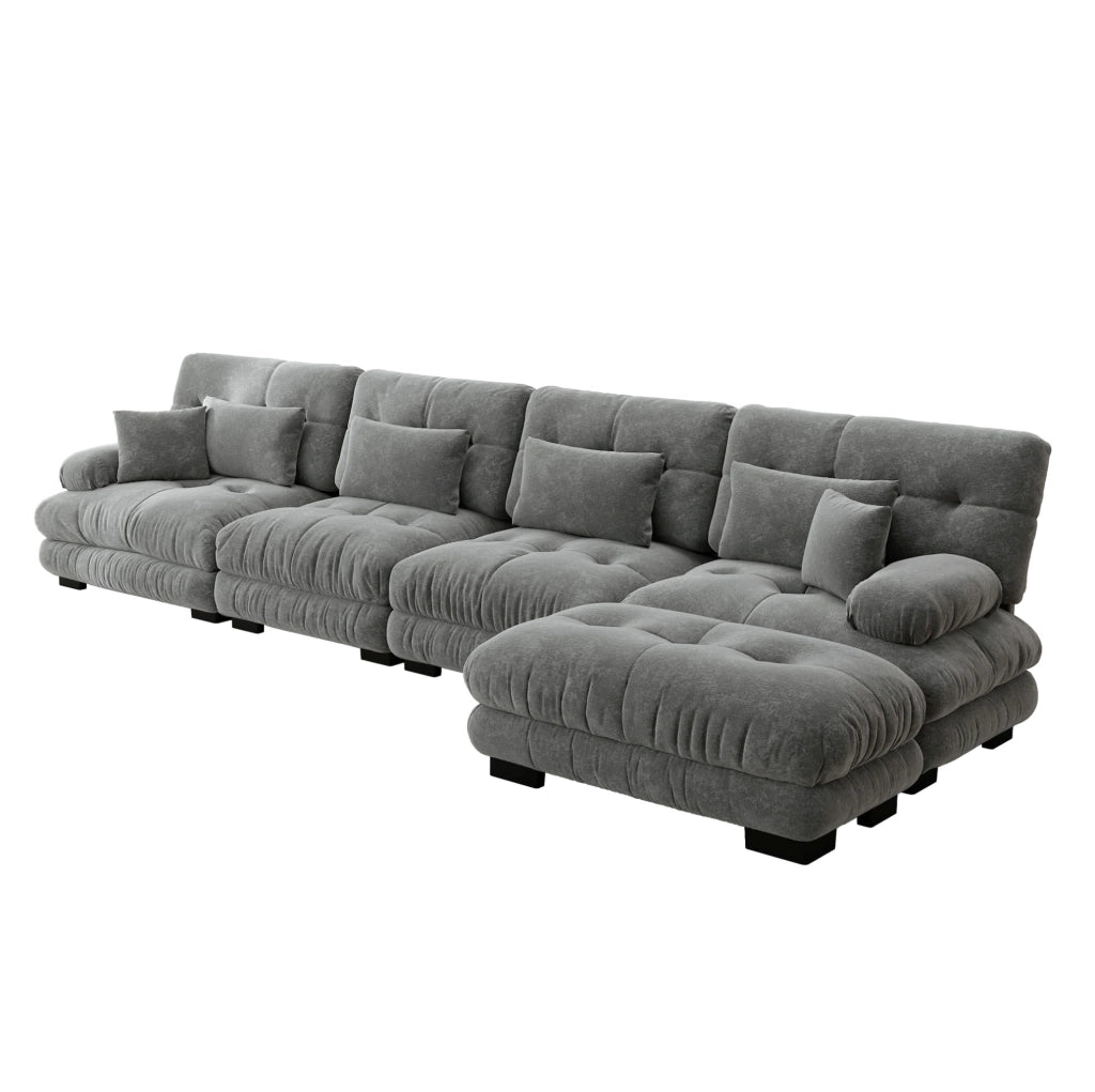 Divano modulare 4 posti con ottomane mobili 406x145x81 cm in ciniglia grigia
